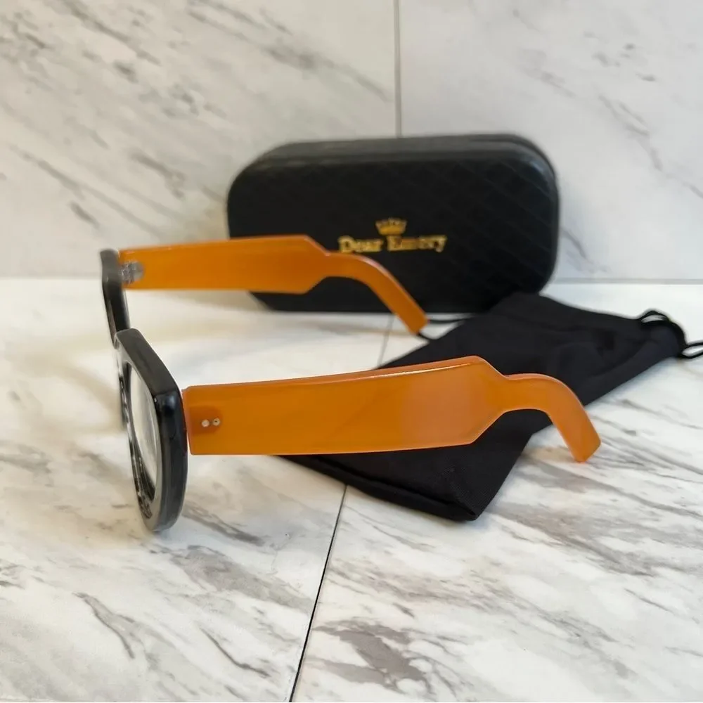 NEW Dear Emery Hand Crafted Black Designer Oversized Cat Eye Glasses & Case Set